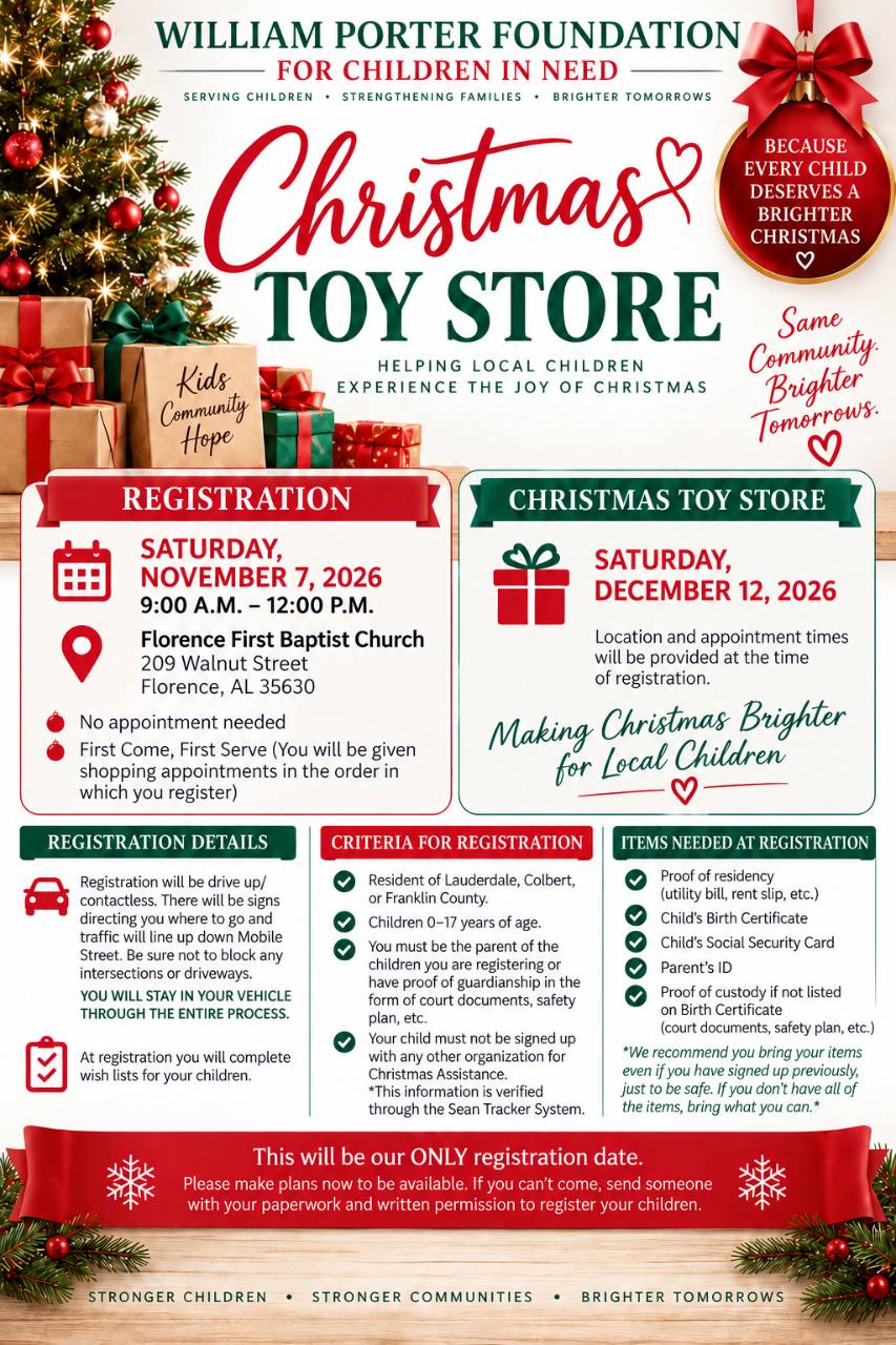 William Porter Foundation Christmas Toy Store 2026 registration flyer